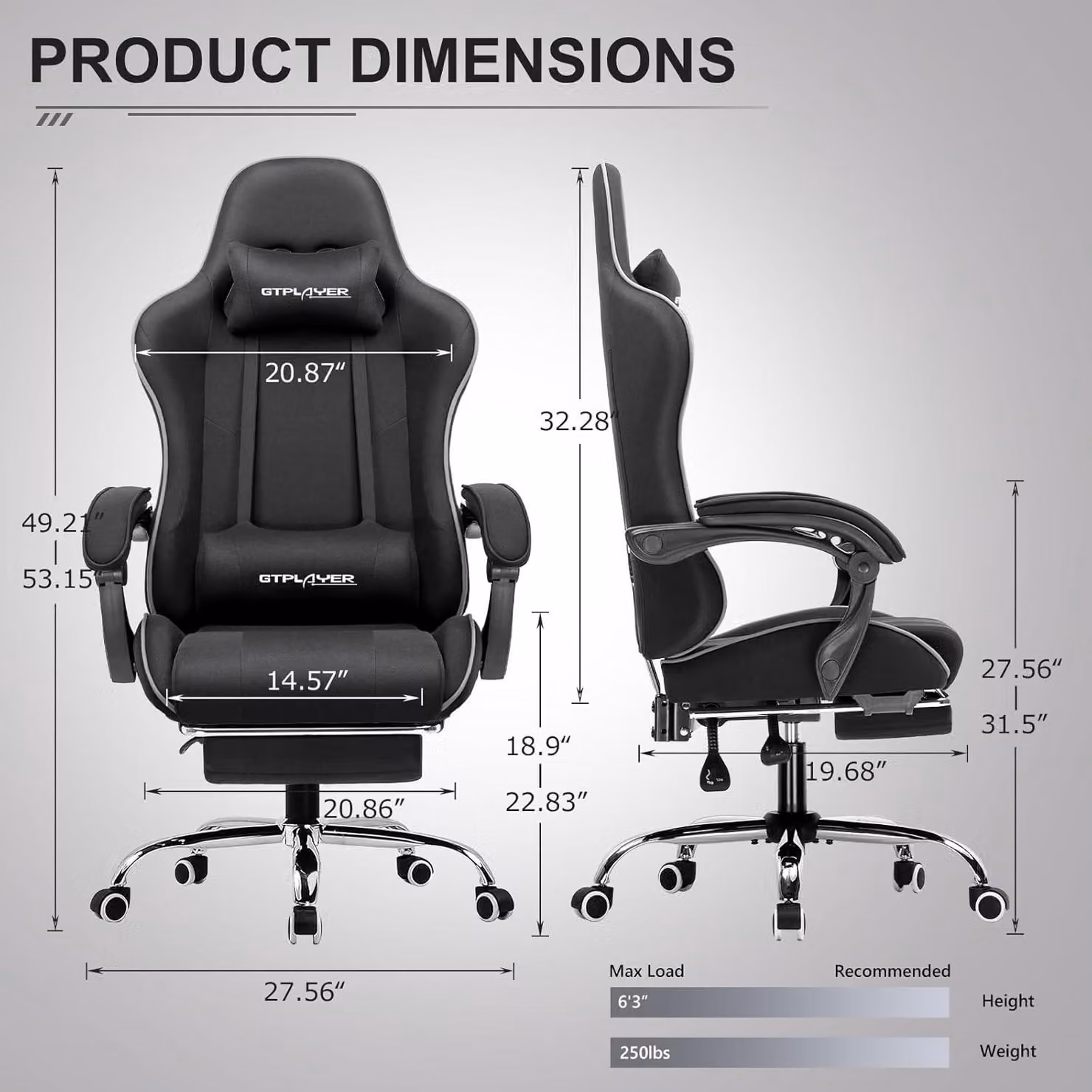 Sedia da gaming ergonomica con poggiapiedi, funzione massaggio e rivestimento in tessuto nero