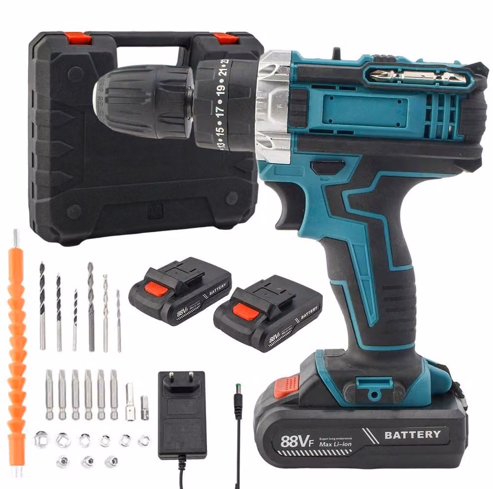 Trapano avvitatore elettrico - Trapano avvitatore a batteria senza batteria - 21V, 340W - Coppia di 28 Nm - 25+3 velocità - 1600 giri/min - Spina europea - Colore blu