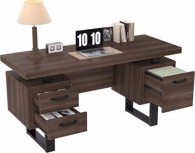 Scrivania 135x54 cm in MDF e acciaio， marrone， con contenitore e cassetti silenziosi