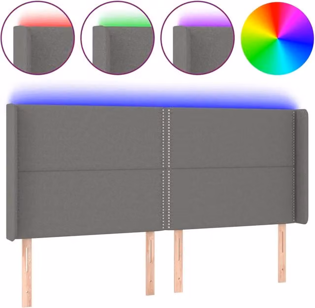 Testata del letto con illuminazione LED e porta USB in tessuto grigio scuro L: 203 cm, P: 16 cm, H: 118/128 cm
