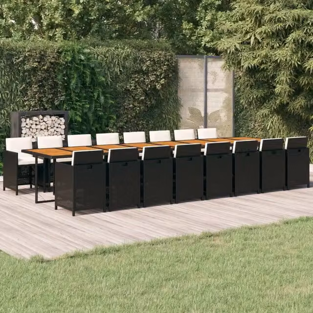 Set da pranzo da giardino vidaXL in polyrattan e legno di acacia con 17 pezzi e cuscini, nero e bianco – 1