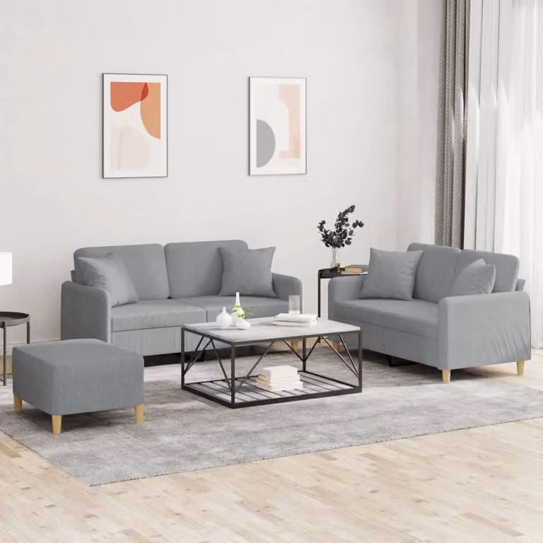 Set di Divani 3 Pezzi vidaXL in Tessuto Grigio con Cuscini e Struttura Imbottita
