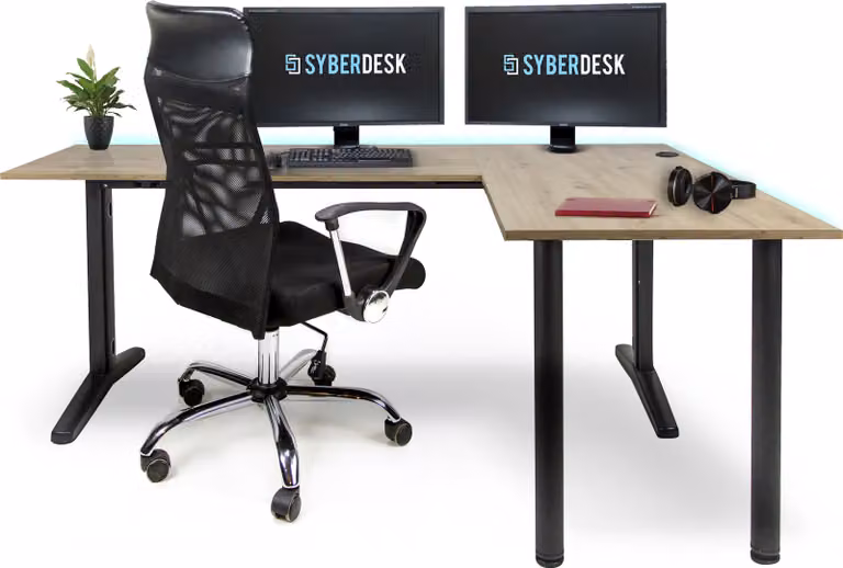 SyberDesk Scrivania angolare da gioco V2 LED, 197 x 132 cm, scrivania da gioco RGB a forma di L, USB-HUB, gestione dei cavi, rovere Artisan, (stile rovere destro)