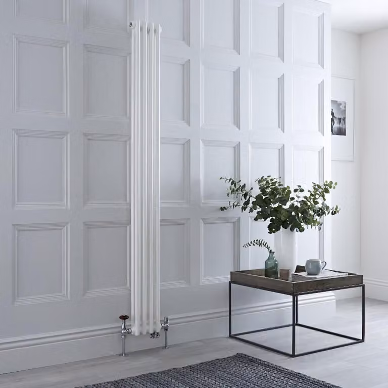 Radiatore Verticale Misto in Stile Ghisa Bianco - 1500mm x 200mm - senza Termostato - Valvole Nichel Satinato