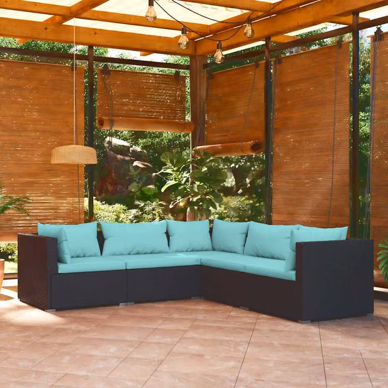 Set Divani da Giardino vidaXL a Forma di L con Cuscini Imbottiti e Struttura in Metallo Nero e Blu Turchese
