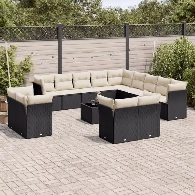 Set di Divani da Giardino a Forma di U VIDAXL in Polyrattan Nero con Cuscini, 14 Pezzi – 1
