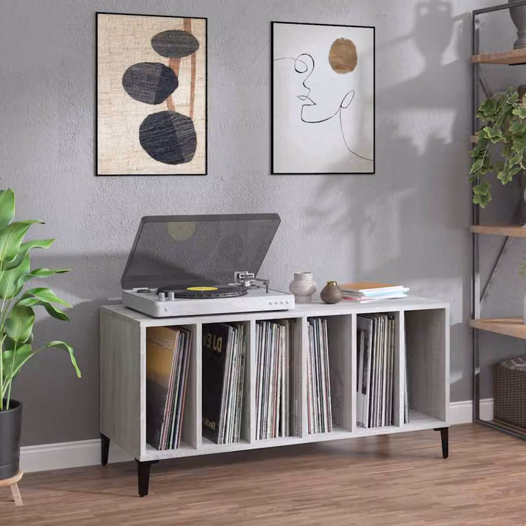 vidaXL Mobile Porta Dischi Grigio con Ruote in Legno e Metallo L: 100 cm, P: 38 cm, H: 48 cm