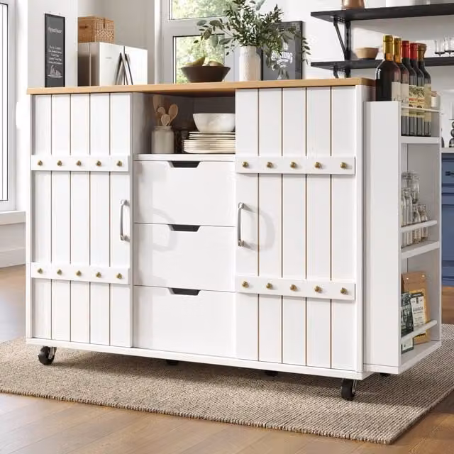 Carrello da cucina con piano pieghevole, 3 cassetti, ante scorrevoli e ripiani regolabili, bianco, 110 × 42 × 90 cm