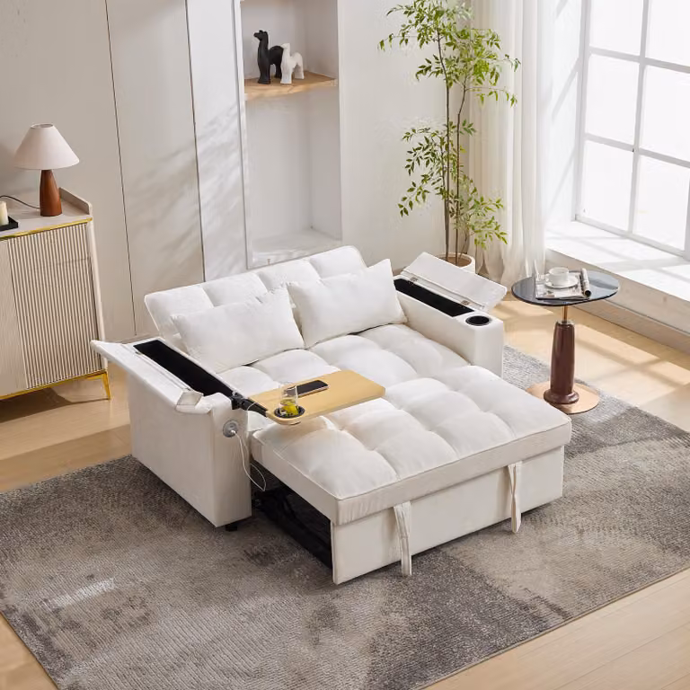 Divano letto STILVORA 3 in 1, con schienale regolabile e porta USB, divano lounge a 2 posti con tavolino nascosto e portabevande, beige