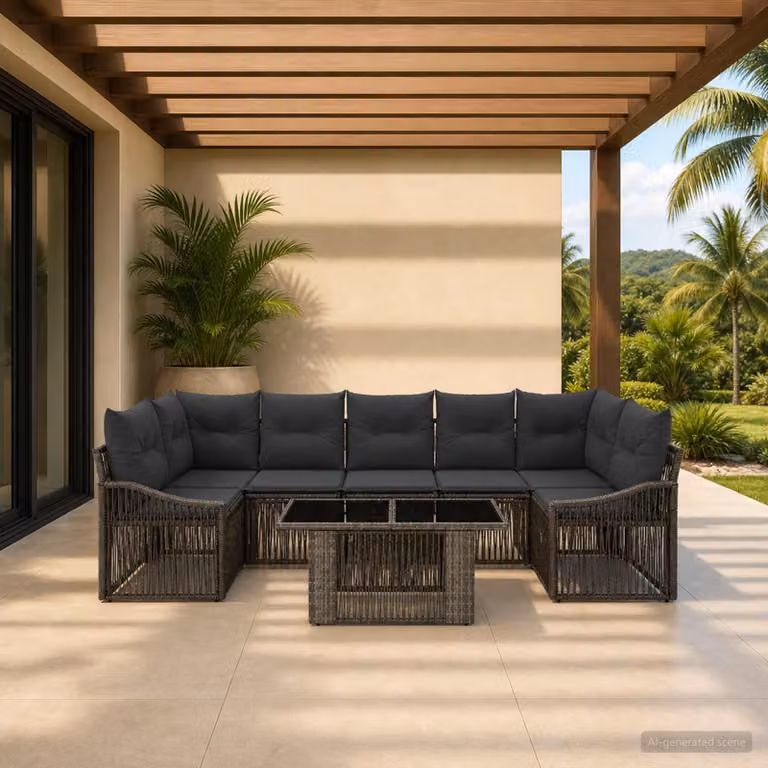 vidaXL Set Divano da Giardino 8 pz a forma di U in Polyrattan Grigio e Antracite con Tavolino e Cuscini Imbottiti
