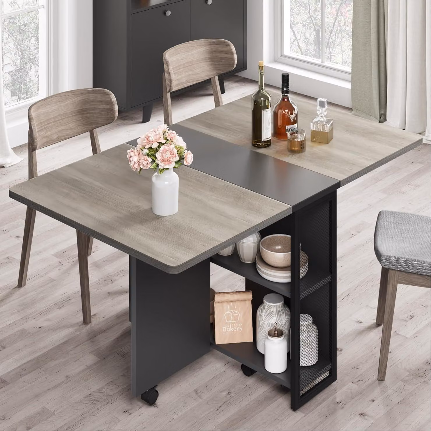 Tavolo pieghevole da pranzo con ruote e vano contenitore, allungabile, grigio, 120x60x75 cm