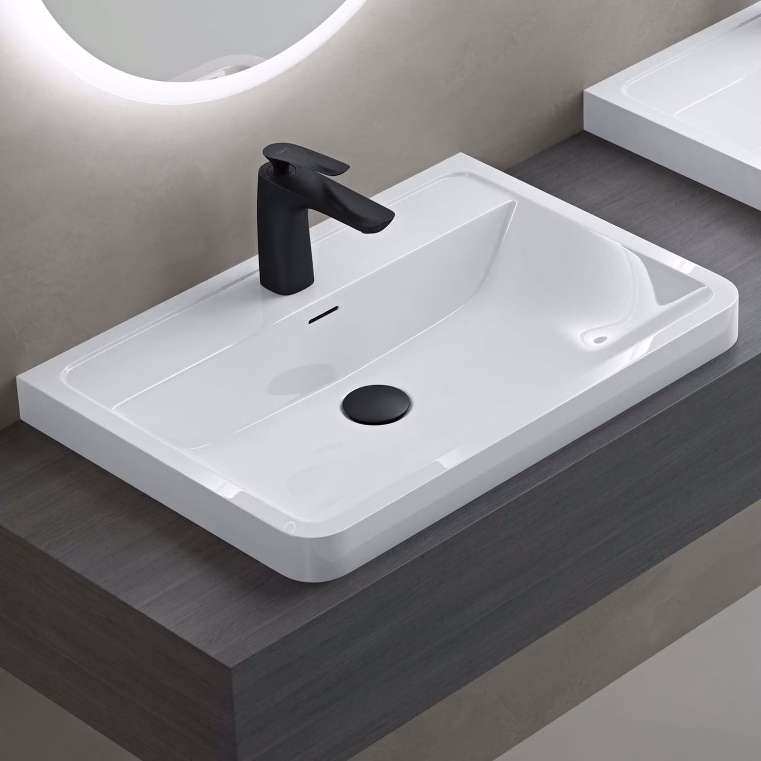 doporro Lavabo da Appoggio, Lavandino Bagno 60x42x13cm, Lavabo da Minerale Fuso Colossum08, Bianco lucido