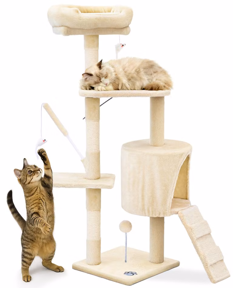 VOUNOT® Tiragraffi 112cm, albero per gatti a più piani con grotta tiragraffi, beige
