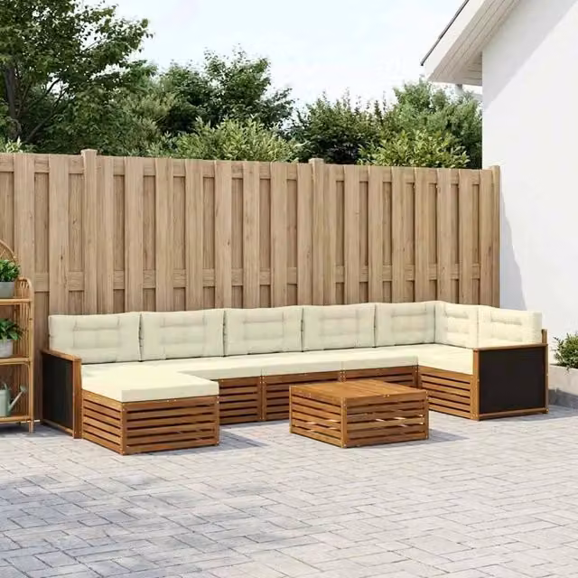 Set di divani da esterno a L con tavolino e pouf vidaXL in legno di acacia, colore beige e marrone – 1