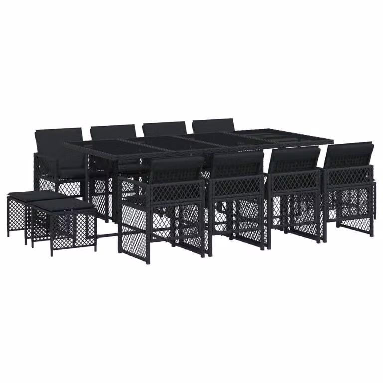 Set da Pranzo da Giardino 13pz con Cuscini Nero in Polyrattan