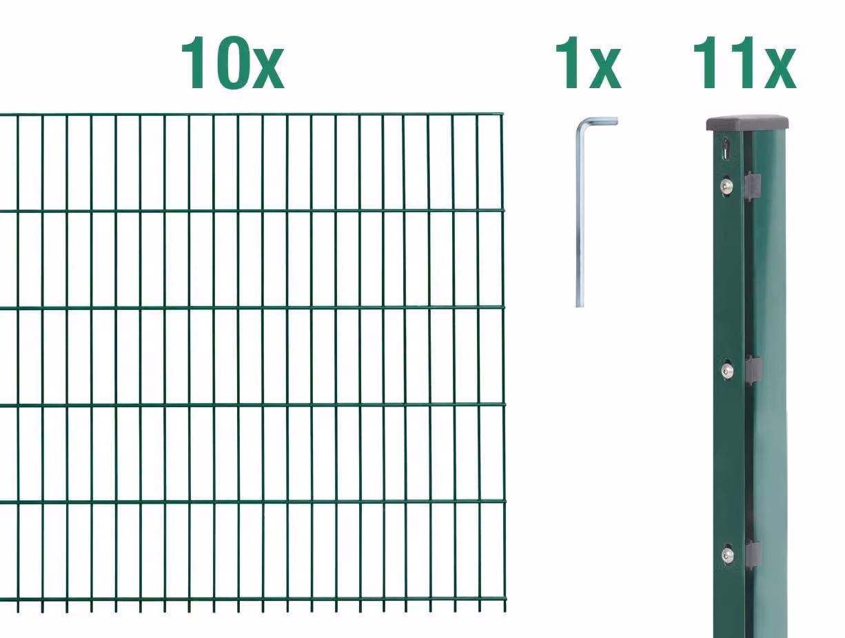 Recinzione a pannelli doppi, modello Alberts 679033, set completo da 22 elementi, rivestita in plastica, colore verde, altezza 243 cm, lunghezza 25 metri