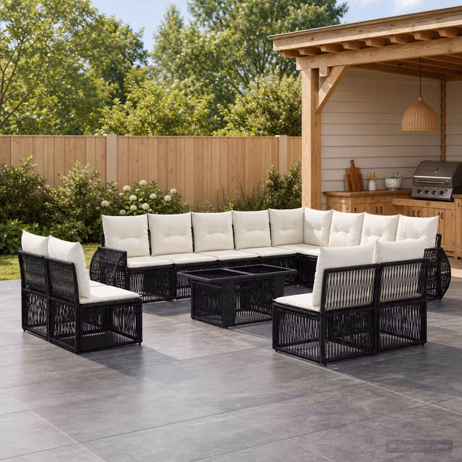 Set Divano da Giardino vidaXL in Polyrattan Nero e Bianco Crema con Cuscini e Tavolino da 13 Pezzi