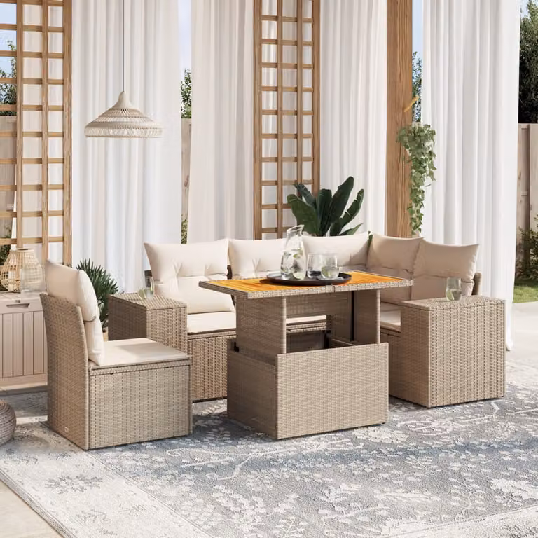 vidaXL Set Divano da Giardino a L 6 pz in Polyrattan con Cuscini Beige e Tavolino da Esterno