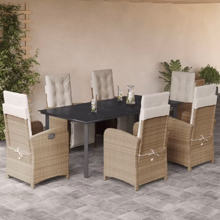 Set da Pranzo da Giardino vidaXL in Polyrattan con Cuscini Beige e Tavolo in Vetro, 7 Pezzi
