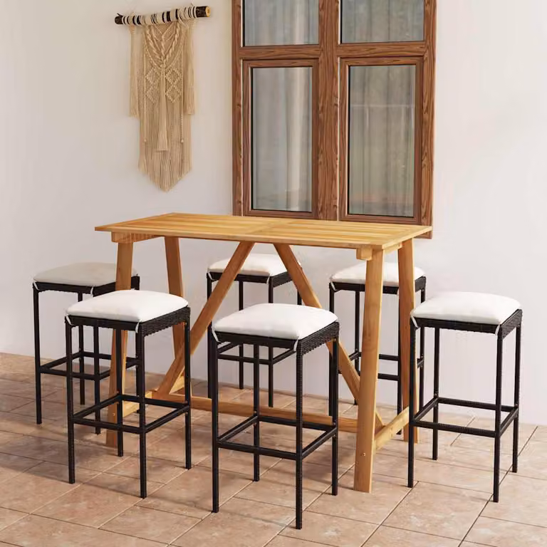 Set da Bar da Giardino vidaXL in Legno di Acacia e Polyrattan con Cuscini, 7 Pezzi, Nero/Beige/Marrone
