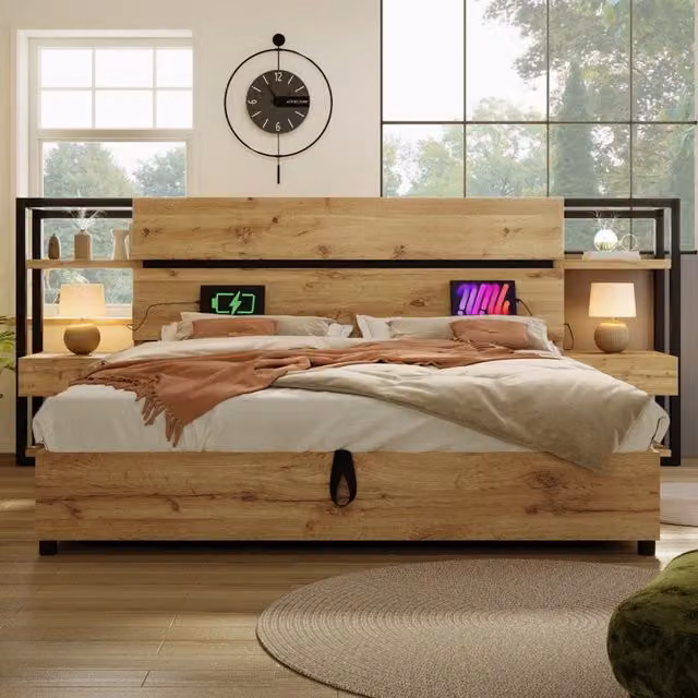 Letto Matrimoniale REDOM in Rovere con Testiera Contenitore e Porte USB, L/P: 180 x 200 cm