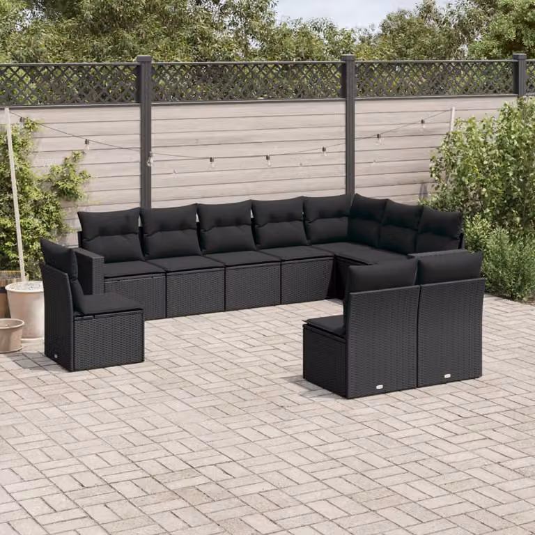 vidaXL Set Divani da Giardino 10 Pezzi con Cuscini in Polyrattan e Acciaio Nero