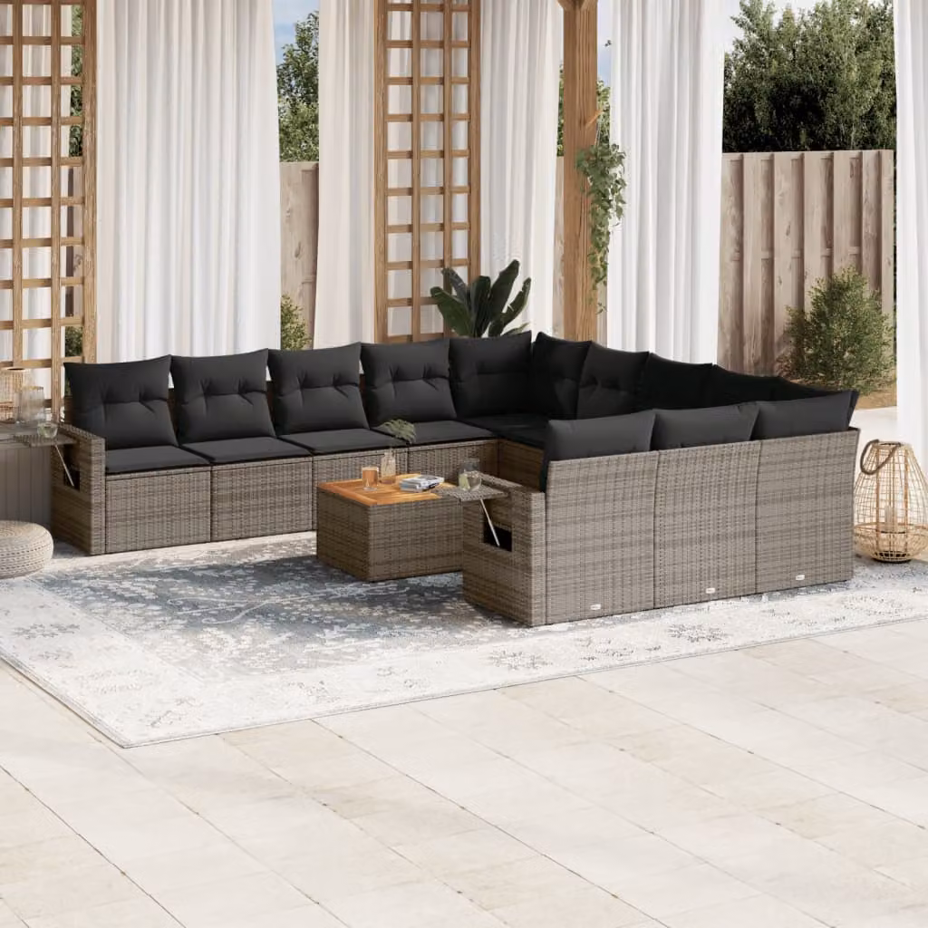 Set di divani da giardino vidaXL in polyrattan grigio con cuscini, tavolino e sedute a L per esterno – 1