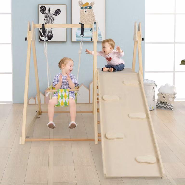 Costway Palestra da interno 4 in 1 per bambini in legno Naturale e Marrone con altalena e struttura da arrampicata Set Montessori per attività motorie