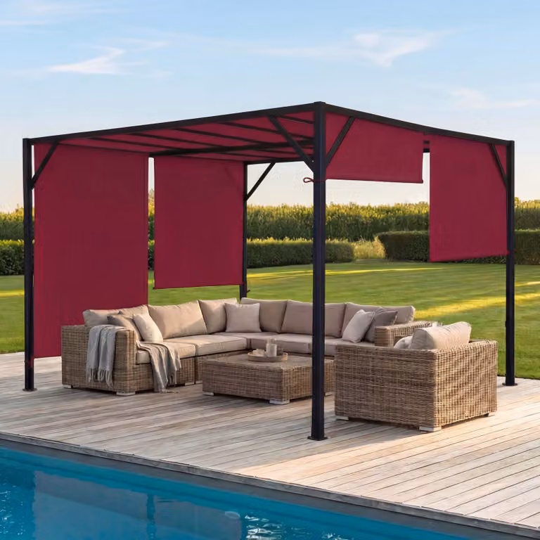 Pergola Beja, gazebo da giardino con copertura per terrazza, robusto telaio in acciaio da 6 cm + tetto scorrevole rosso bordeaux ~ 4x4 m