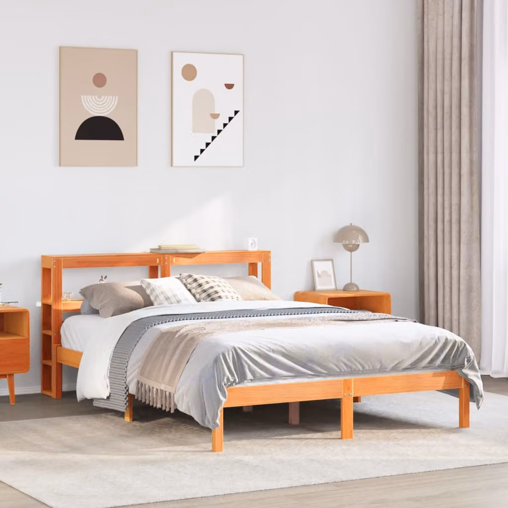 vidaXL Giroletto in Legno Massello di Pino con Testiera, Marrone Cera, L: 150 cm, P: 200 cm – 1