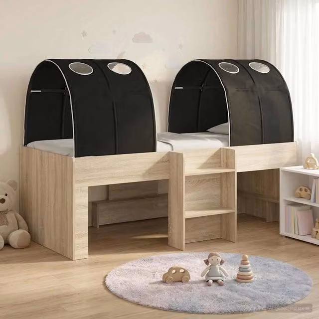 Letto alto singolo per bambini vidaXL con struttura a casetta e scomparti laterali, colore rovere e nero, L: 203 cm, P: 120 cm, H: 111 cm – 1
