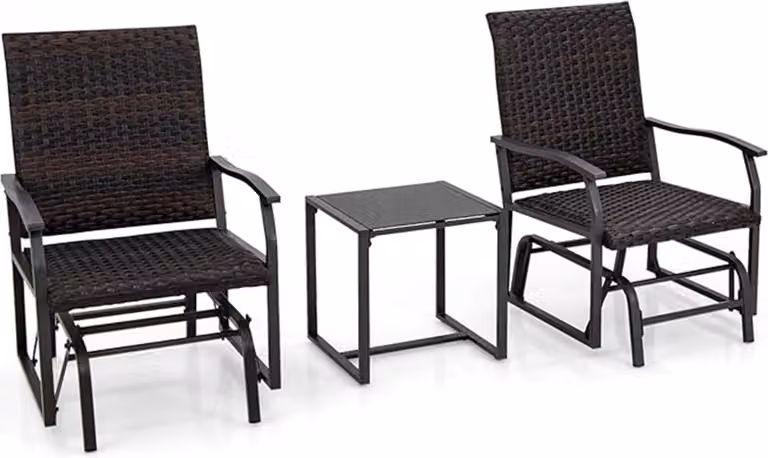 Set da 3 sedie a dondolo da giardino, sedie a dondolo in vimini e rattan con base in vetro temperato, seduta imbottita in schiuma, set di sedie a dondolo con struttura in metallo