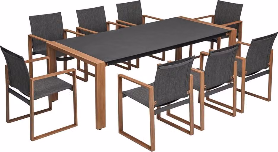Set da pranzo da giardino per 8 persone, tavolo in vetro temperato e 8 sedie, antracite / marrone, 220 x 100 x 74,5 cm