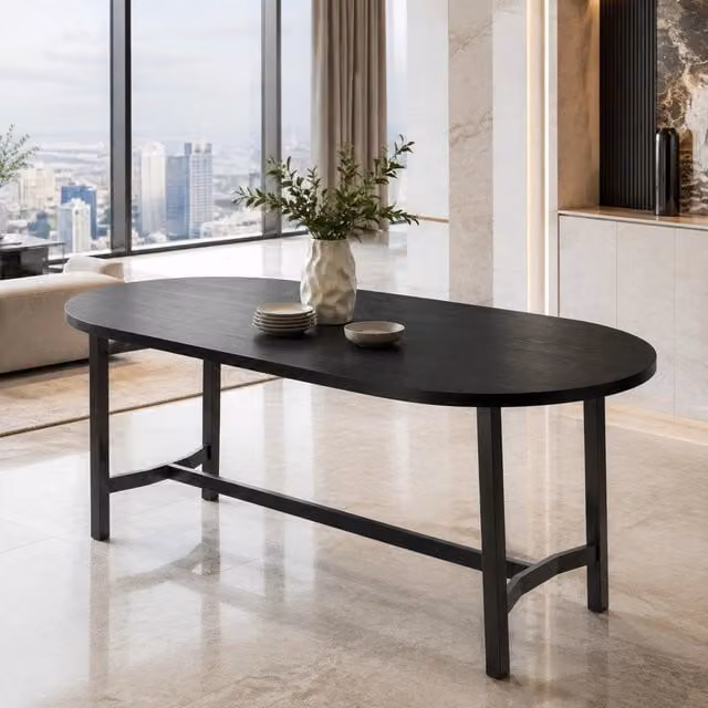 Tavolo da pranzo 180x80x75 cm con gambe in ferro nero, per 6-8 persone, angoli arrotondati