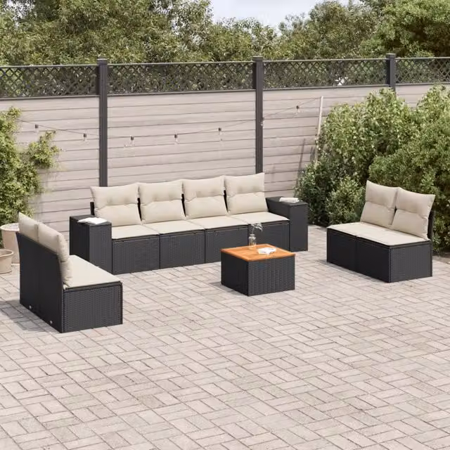 Set Divani da Giardino 9 pz con Cuscini Nero in Polyrattan 3225405