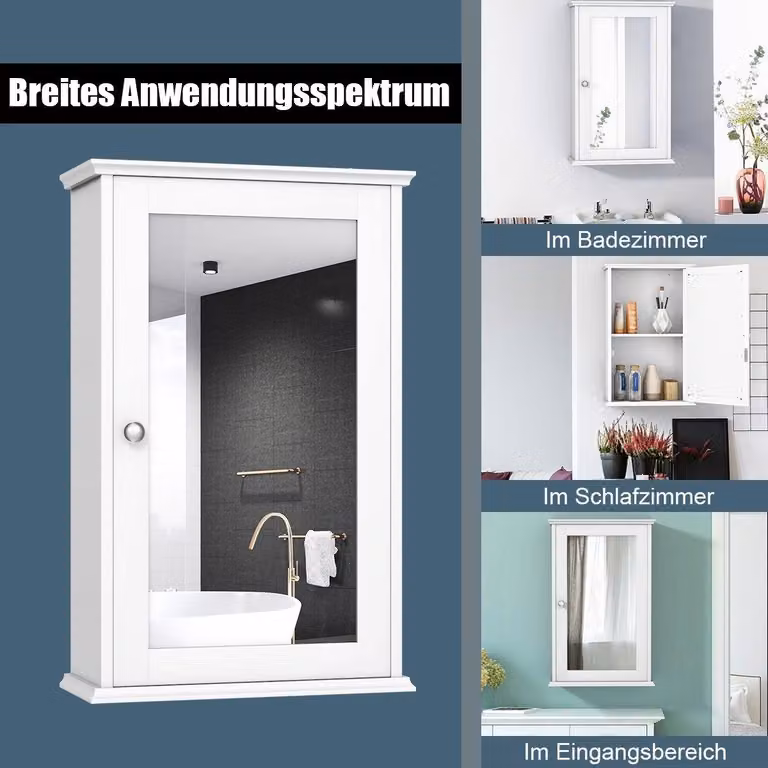 Armadietto da bagno con specchio, armadietto da parete, con mobile singolo, 34 x 15 x 53 cm, bianco