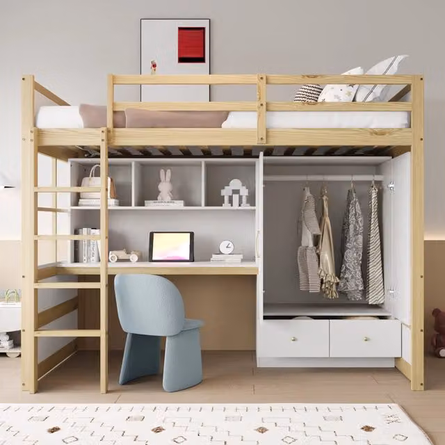 Letto a soppalco singolo WISHDOR in legno di pino con scala, scrivania, armadio e cassetti, colore legno naturale, L/P/H: 204.5 x 90 x 174 cm