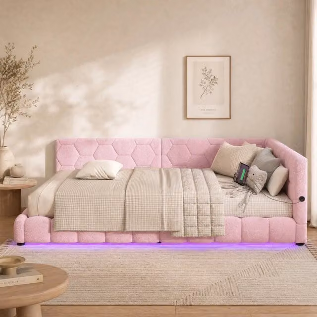 Letto da giorno ULEVR 140x200 cm con rete a doghe, LED a 16 colori, USB e Type-C, rivestimento in velluto rosa