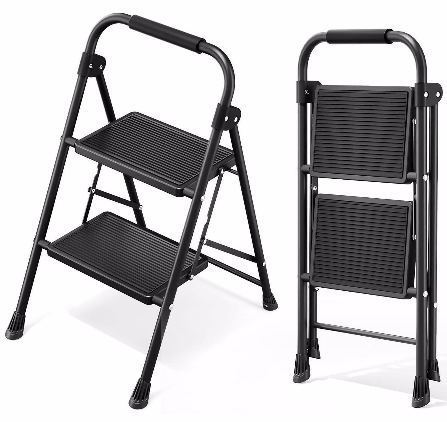 Scala a due gradini con corrimano, colore nero, capacità portante di 150 kg