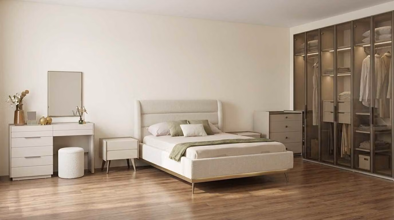 Set per camera da letto beige, moderno, composto da: letto, comò da trucco, armadio con vetri
