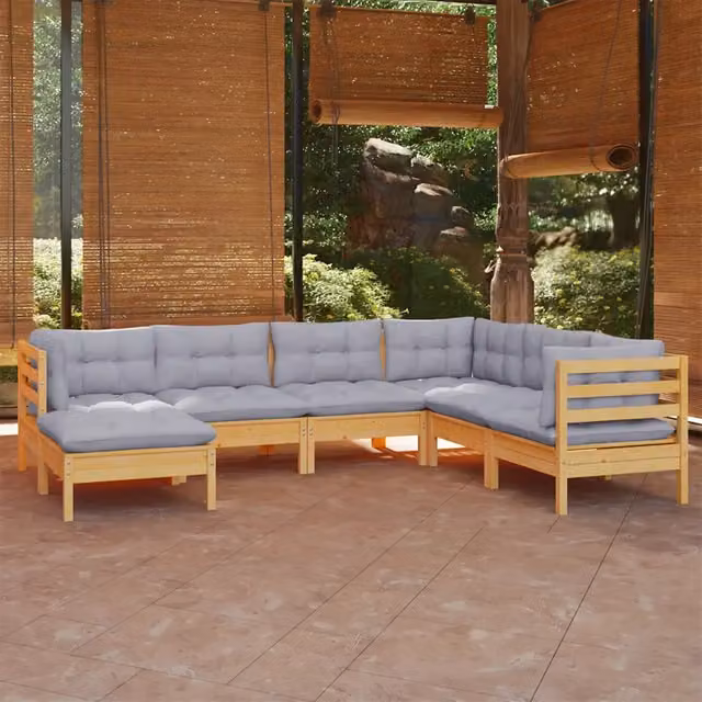 Set Divani da Giardino 7 pz con Cuscini Grigi Massello di Pino 3096561