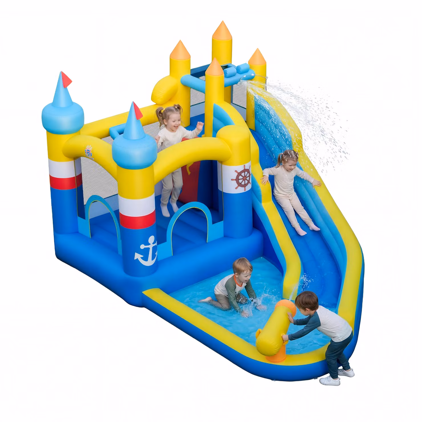 Costway Scivolo d'acqua gonfiabile con piscina splash, cannone d'acqua, parete arrampicata e canestro da basket, multicolore