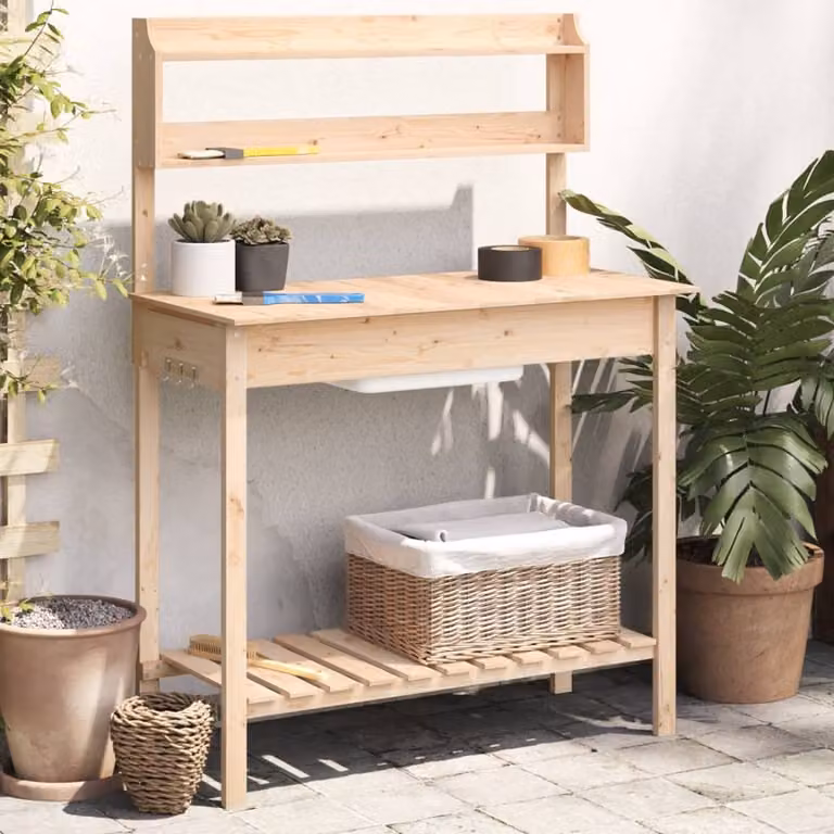 vidaXL Tavolo da giardino con lavello in legno di abete massello, colore marrone/beige, L 147,5 x P 47,5 x H 139,5 cm