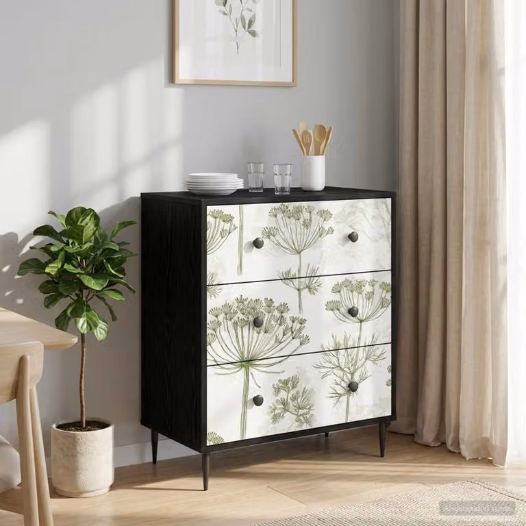 Cassettiera vidaXL GOTHA con stampa floreale verde e nera, L: 66 cm, P: 36,5 cm, H: 76 cm