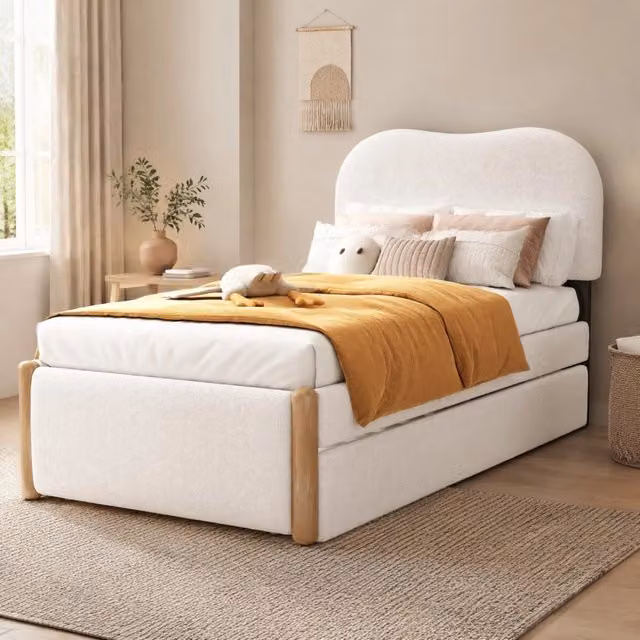 Letto singolo imbottito 90x200 cm con letto estraibile, design minimalista bianco