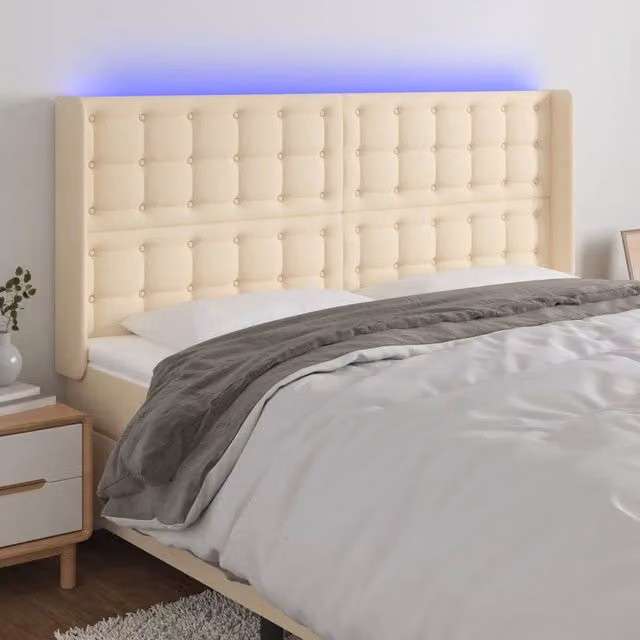 Testiera con LED e porta USB vidaXL in tessuto beige, L: 163 cm, P: 16 cm, H: 118-128 cm
