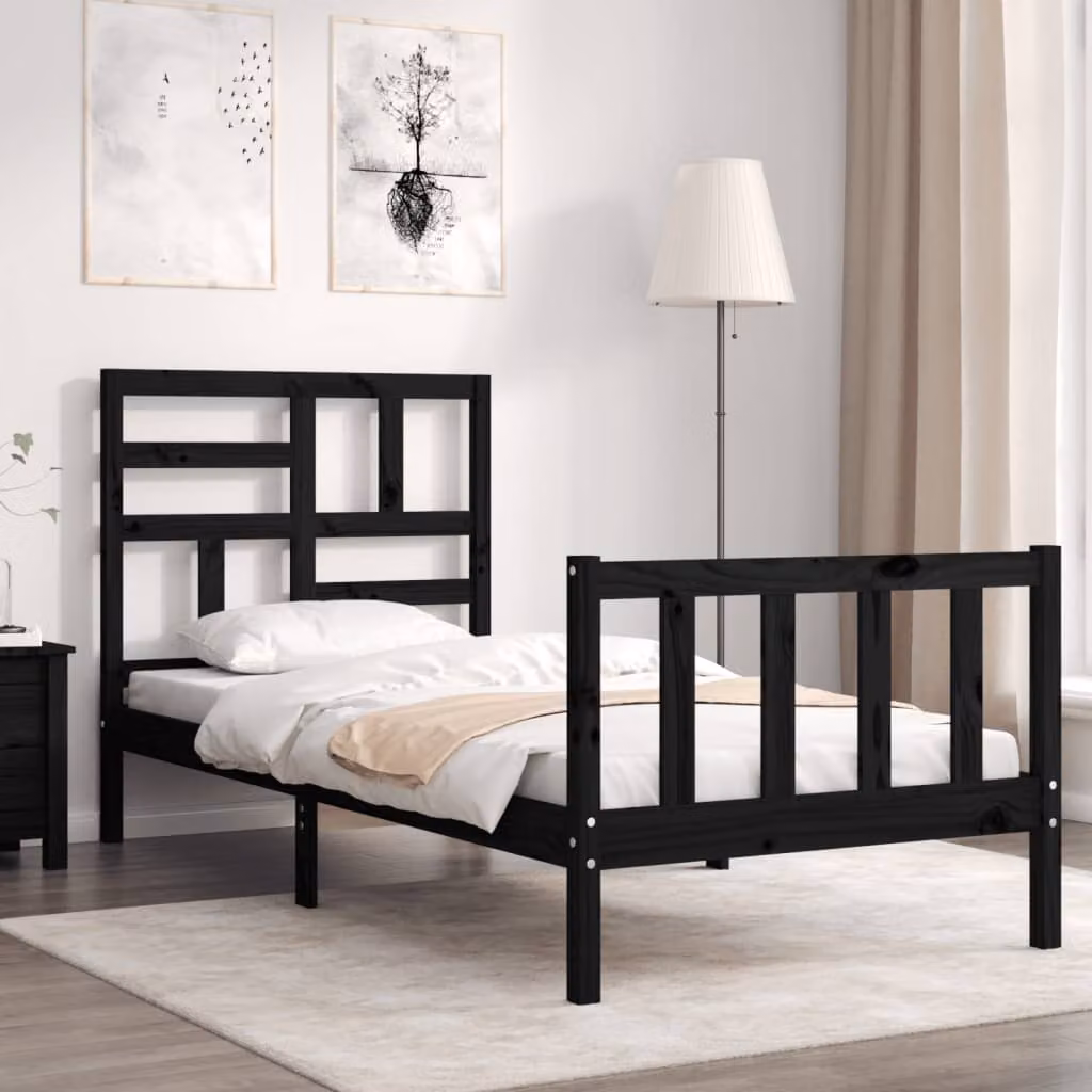 vidaXL Giroletto con Testiera in Legno Massello di Pino Nero Small Single L 104,0 cm x P 80,5 cm x H 195,5 cm