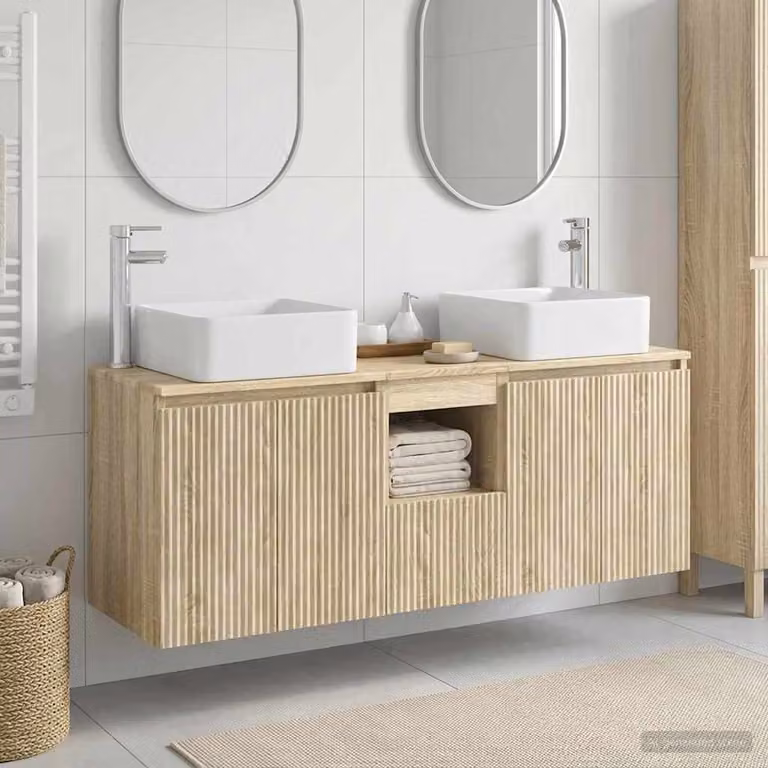 Set di mobili da bagno moderno vidaXL composto da 3 pezzi in legno e metallo, colore marrone e beige, L: 49,5 cm, P: 41 cm, H: 63 cm