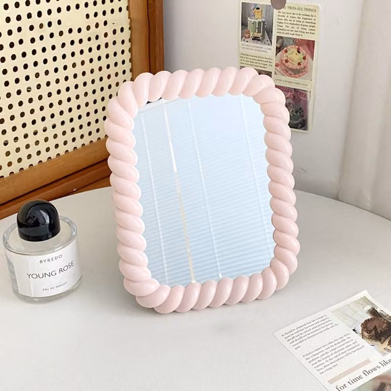 Specchio rettangolare rosa per tavolino da trucco, dimensioni 16,8x21,6 cm, pieghevole