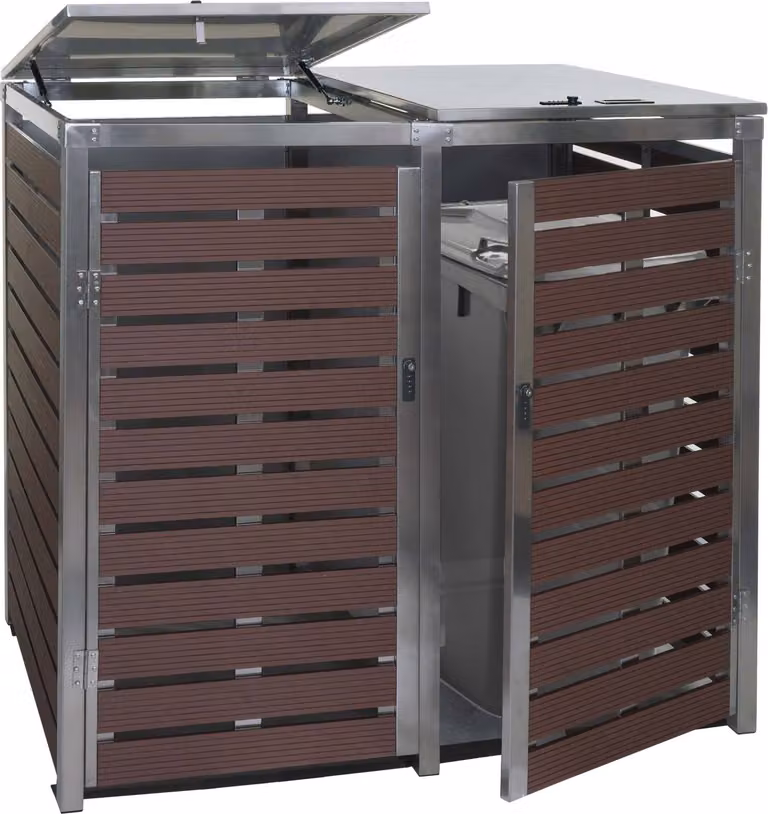 2 contenitori per rifiuti HWC-K14, contenitore per rifiuti, 119x134x84cm WPC acciaio inox 78kg ~ aspetto legno di noce